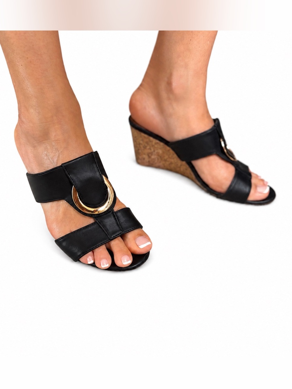 Impo Comfort Black Cork Wedge Slide Sandals Gold Ring Detail Size 7W